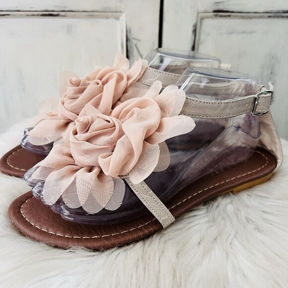 Amy Blush Rose Pink Soft Chiffon Floral Ankle Strap Sandals - Size 7.5 - Picture 1 of 7